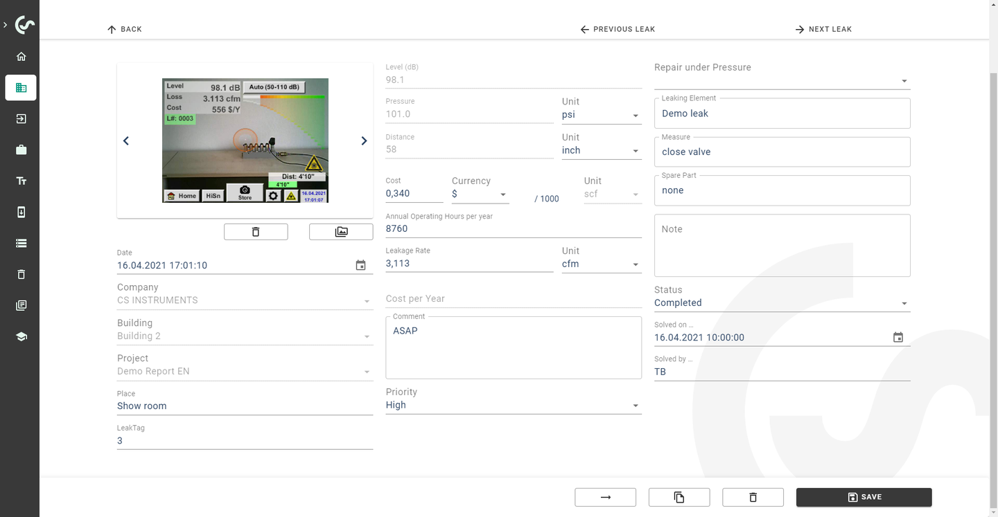 Documentation of individual leakages / detailed view